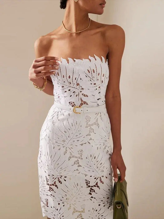 White Midi Dress Flower Cut-Out Elegant Celebrity Party Dress
